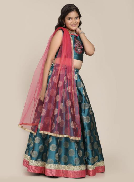 Green & Pink Embroidered Lehenga & Blouse With Dupatta - Image 2